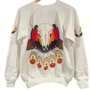 Vintage 90s Sitting Bull Native Cow Skull Rare Crewneck Adult Large